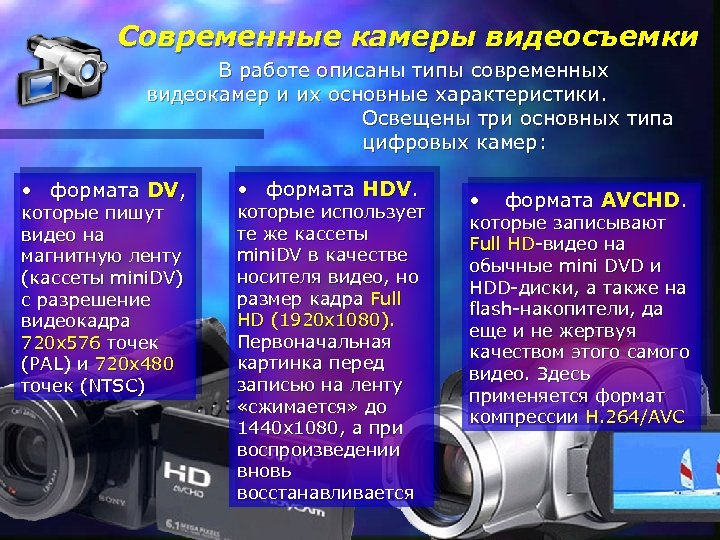 Современные камеры видеосъемки В работе описаны типы современных видеокамер и их основные характеристики. Освещены