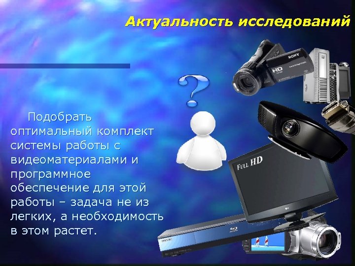Актуальность исследований Подобрать оптимальный комплект системы работы с видеоматериалами и программное обеспечение для этой