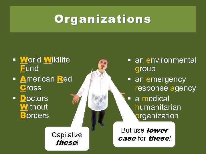 Organizations § World Wildlife Fund § American Red Cross § Doctors Without Borders Capitalize