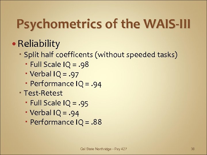 Psychometrics of the WAIS-III Reliability Split half coefficents (without speeded tasks) Full Scale IQ