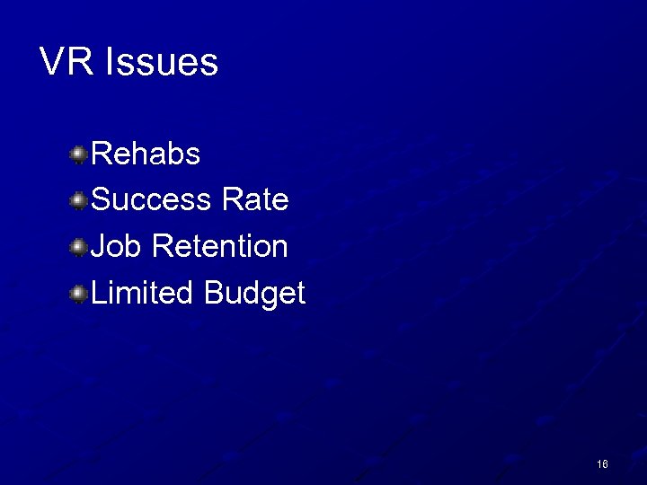 VR Issues Rehabs Success Rate Job Retention Limited Budget 16 