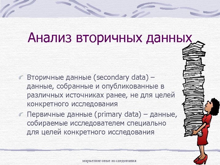 Анализ вторичных данных Вторичные данные (secondary data) – данные, собранные и опубликованные в различных