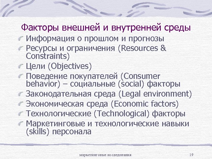 Факторы внешней и внутренней среды Информация о прошлом и прогнозы Ресурсы и ограничения (Resources