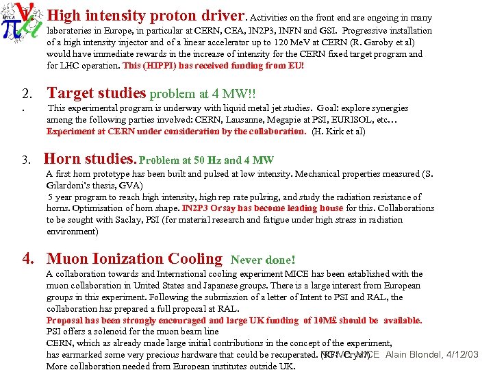 1. High intensity proton driver. Activities on the front end are ongoing in many