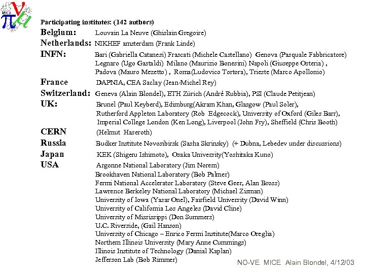 Participating institutes: (142 authors) Belgium: Louvain La Neuve (Ghislain Gregoire) Netherlands: INFN: France Switzerland: