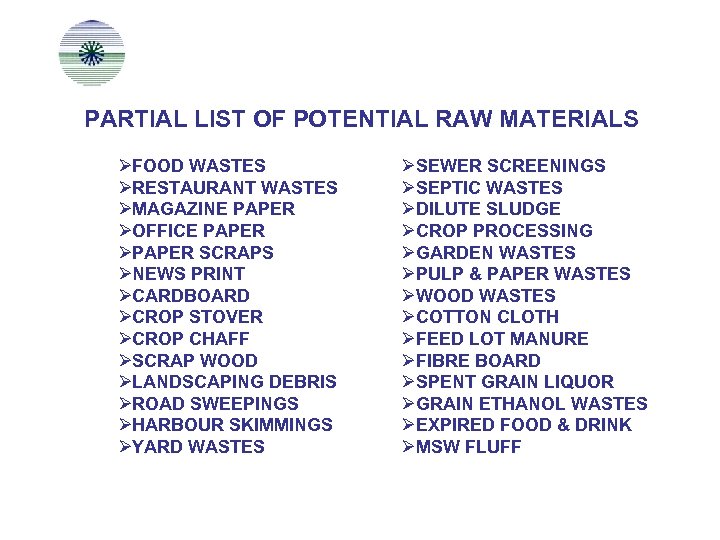 PARTIAL LIST OF POTENTIAL RAW MATERIALS ØFOOD WASTES ØRESTAURANT WASTES ØMAGAZINE PAPER ØOFFICE PAPER