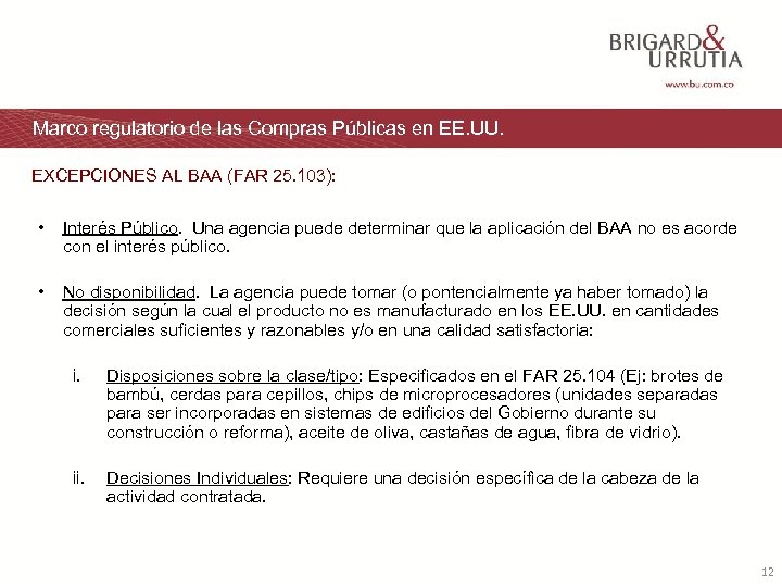 Marco regulatorio de las Compras Públicas en EE. UU. EXCEPCIONES AL BAA (FAR 25.