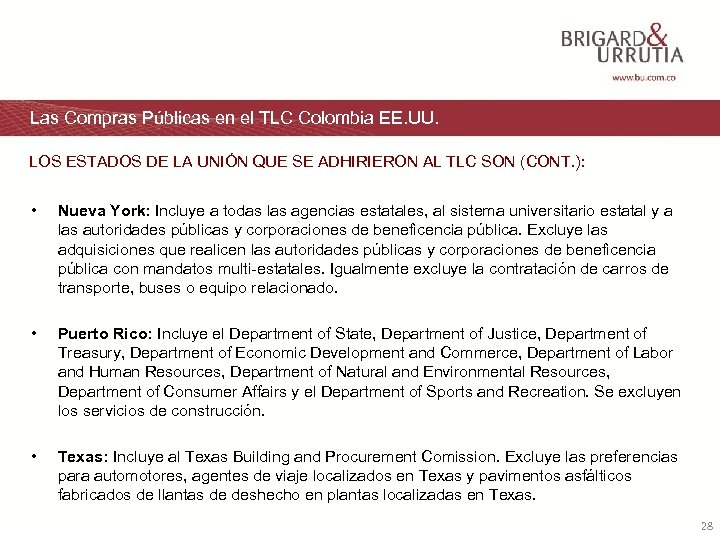 Las Compras Públicas en el TLC Colombia EE. UU. LOS ESTADOS DE LA UNIÓN