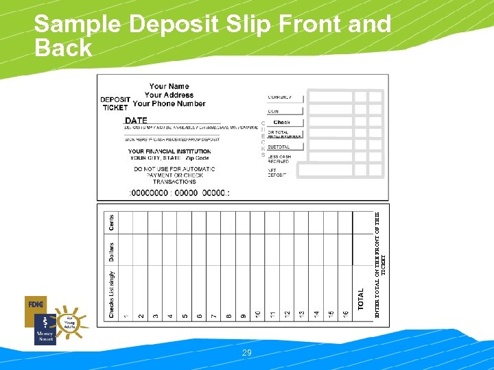 ENTER TOTAL ON THE FRONT OF THIS TICKET Sample Deposit Slip Front and Back