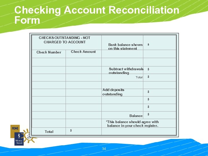 Checking Account Reconciliation Form CHECKS OUTSTANDING - NOT CHARGED TO ACCOUNT Bank balance shown