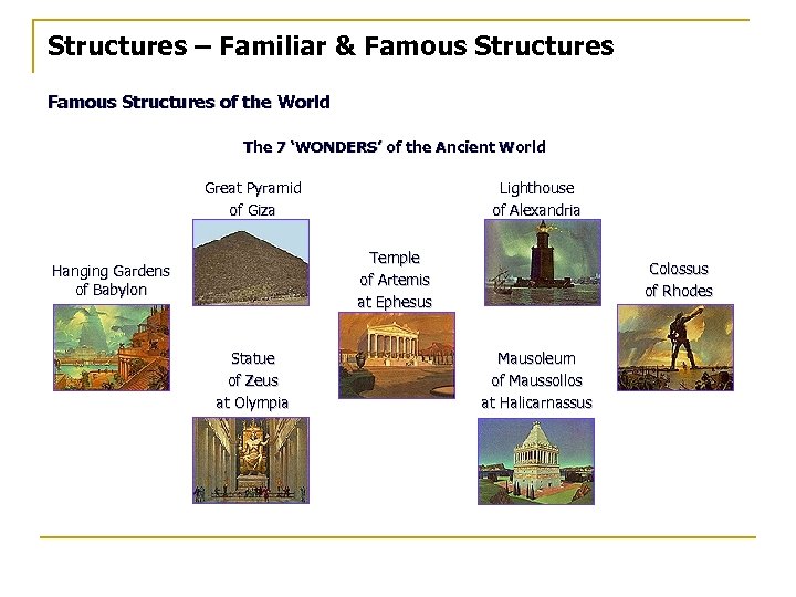 Structures – Familiar & Famous Structures of the World The 7 ‘WONDERS’ of the