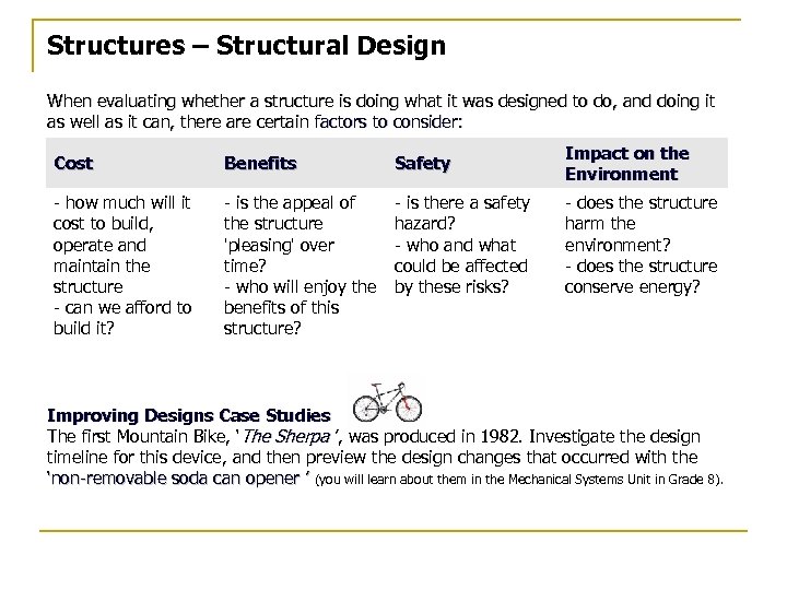 Structures – Structural Design When evaluating whether a structure is doing what it was