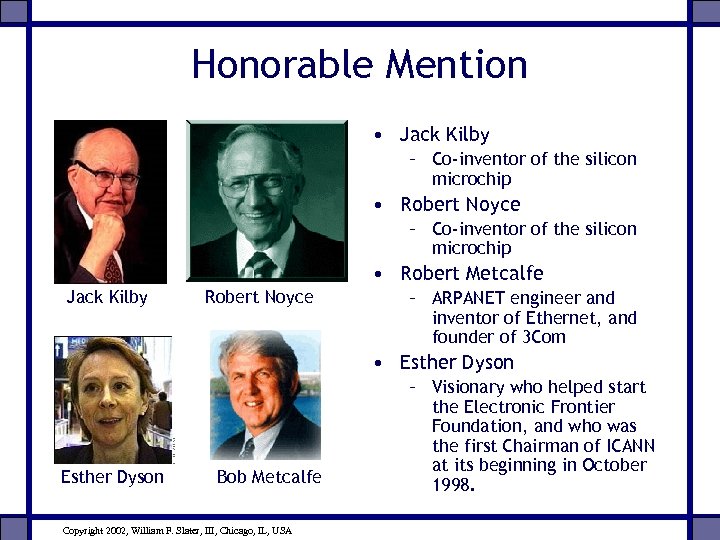 Honorable Mention • Jack Kilby – Co-inventor of the silicon microchip • Robert Noyce