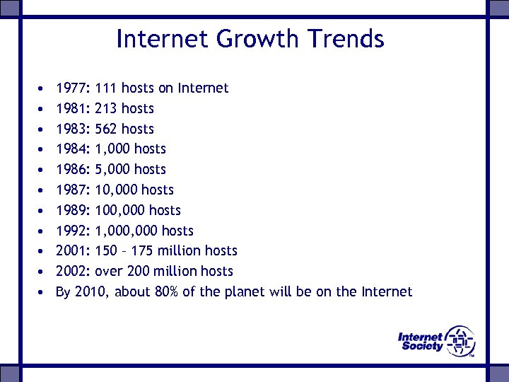 Internet Growth Trends • • • 1977: 111 hosts on Internet 1981: 213 hosts