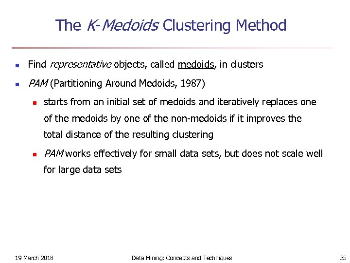 The K-Medoids Clustering Method n Find representative objects, called medoids, in clusters n PAM