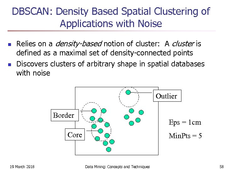 DBSCAN: Density Based Spatial Clustering of Applications with Noise n n Relies on a
