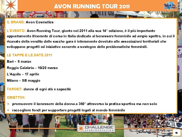 AVON RUNNING TOUR 2011 IL BRAND: Avon Cosmetics L’EVENTO: Avon Running Tour, giunto nel