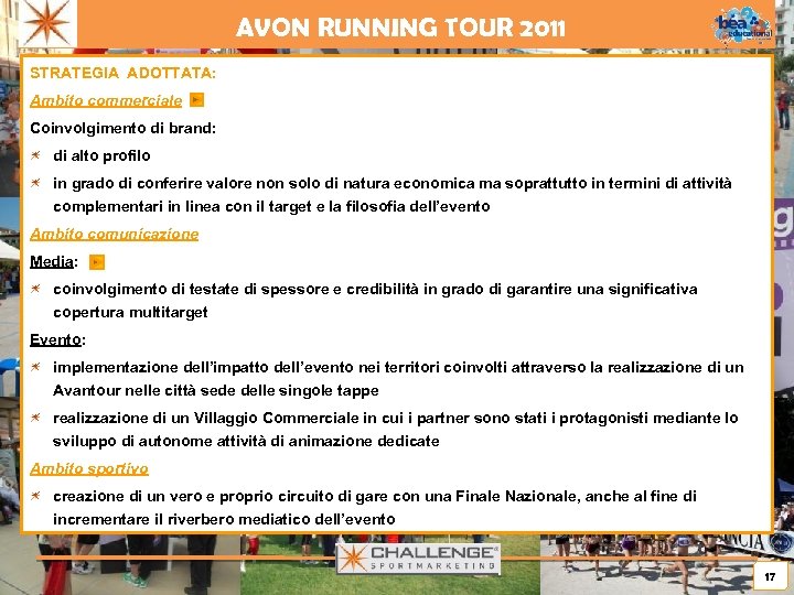 AVON RUNNING TOUR 2011 STRATEGIA ADOTTATA: Ambito commerciale Coinvolgimento di brand: di alto profilo