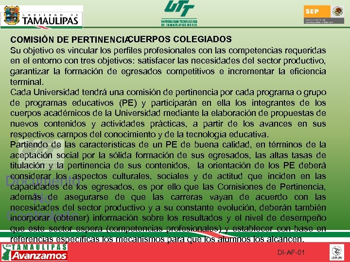 CUERPOS COLEGIADOS COMISIÓN DE PERTINENCIA Su objetivo es vincular los perfiles profesionales con las