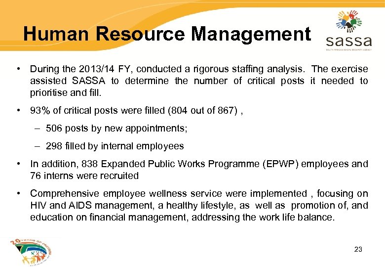 Human Resource Management • During the 2013/14 FY, conducted a rigorous staffing analysis. The