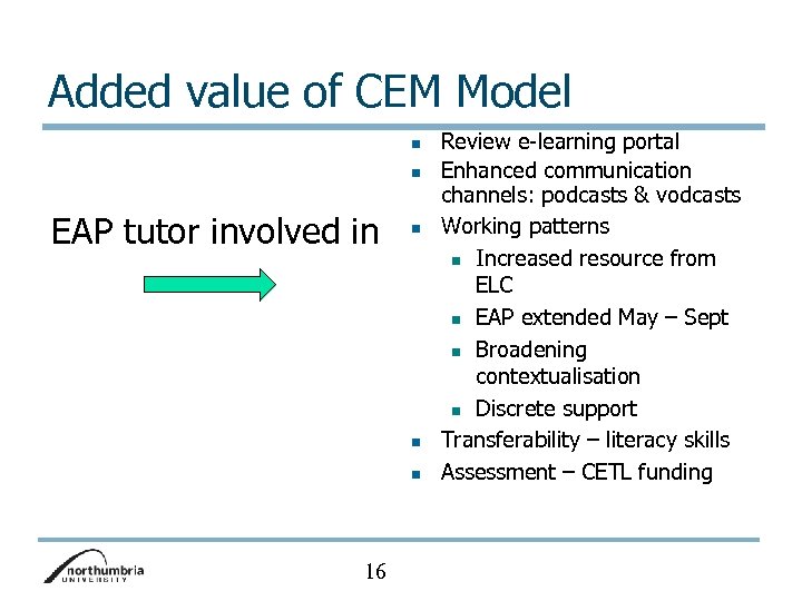 Added value of CEM Model n n EAP tutor involved in n 16 Review