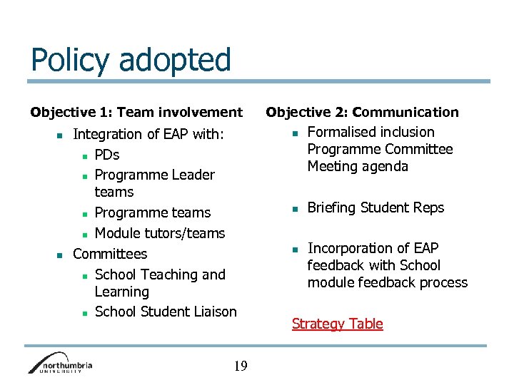 Policy adopted Objective 1: Team involvement n n Integration of EAP with: n PDs