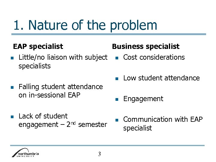 1. Nature of the problem EAP specialist Business specialist n n Little/no liaison with