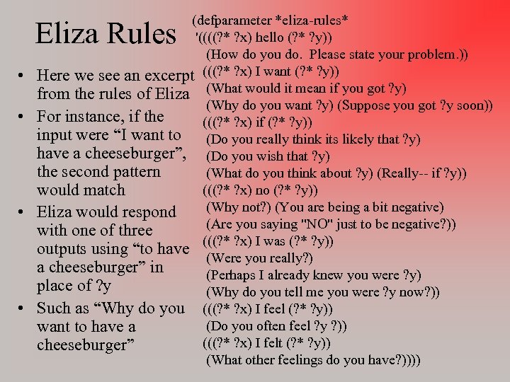 (defparameter *eliza-rules* '((((? * ? x) hello (? * ? y)) (How do you