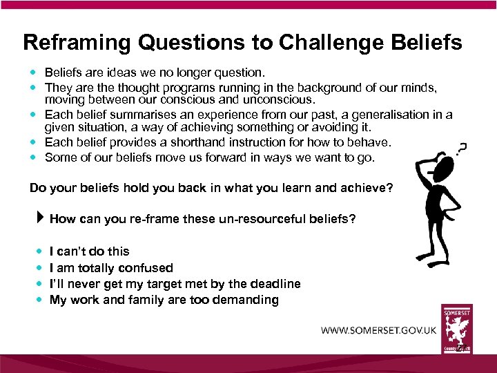 Reframing Questions to Challenge Beliefs are ideas we no longer question. They are thought