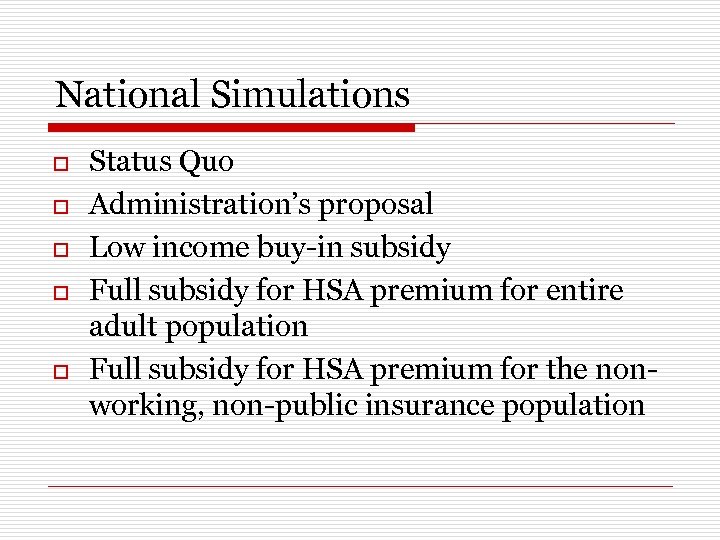 National Simulations o o o Status Quo Administration’s proposal Low income buy-in subsidy Full