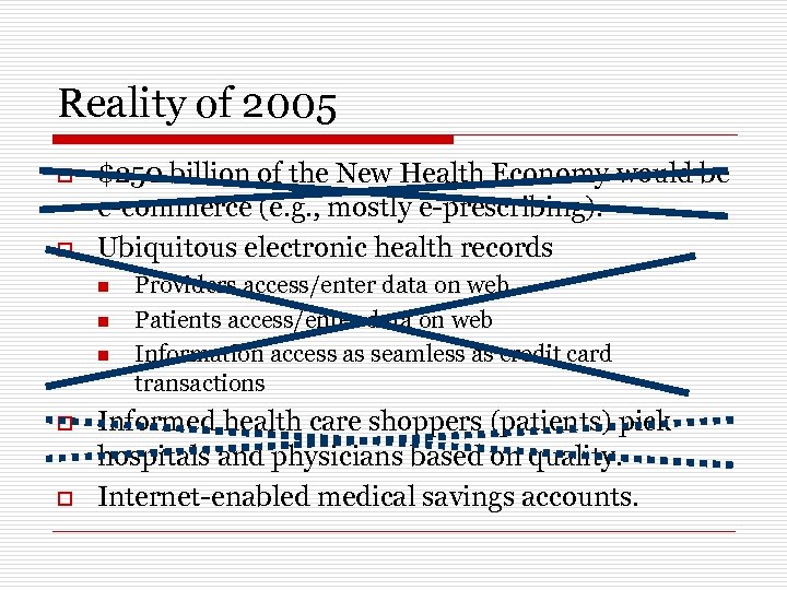 Reality of 2005 o o $250 billion of the New Health Economy would be