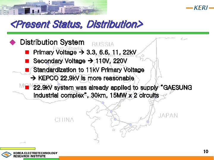 <Present Status, Distribution> u Distribution System n Primary Voltage 3. 3, 6. 6, 11,