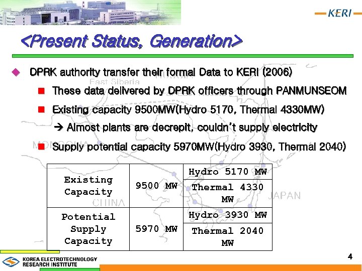 <Present Status, Generation> u DPRK authority transfer their formal Data to KERI (2006) n