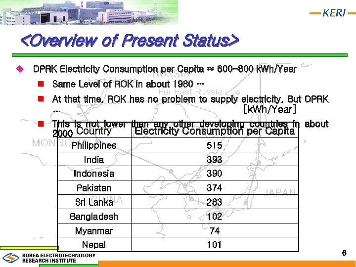 <Overview of Present Status> u DPRK Electricity Consumption per Capita ≈ 600 -800 k.