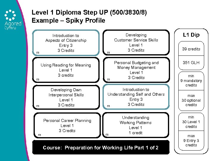 Level 1 Diploma Step UP (500/3830/8) Example – Spiky Profile Introduction to Aspects of