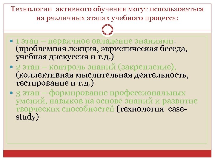 Технологии активного обучения могут использоваться на различных этапах учебного процесса: 1 этап – первичное