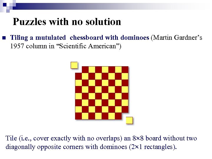 Puzzles with no solution n Tiling a mutulated chessboard with dominoes (Martin Gardner’s 1957