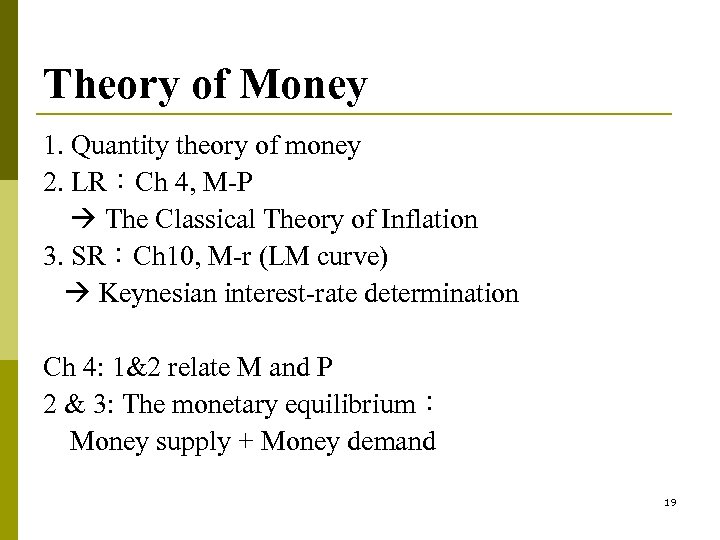 Theory of Money 1. Quantity theory of money 2. LR：Ch 4, M-P The Classical