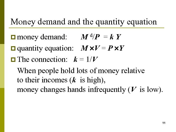 Money demand the quantity equation p money demand: M d/P = k Y p