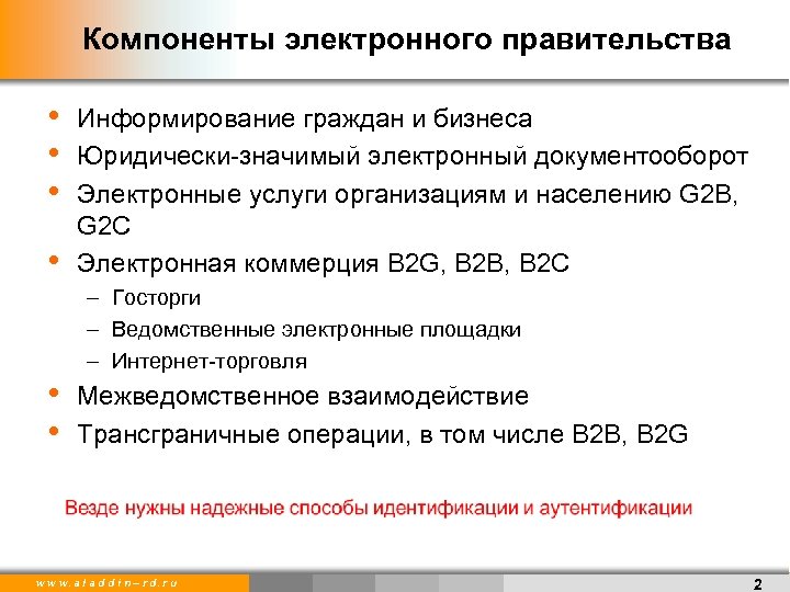 Компоненты электронного правительства • • Информирование граждан и бизнеса Юридически-значимый электронный документооборот Электронные услуги