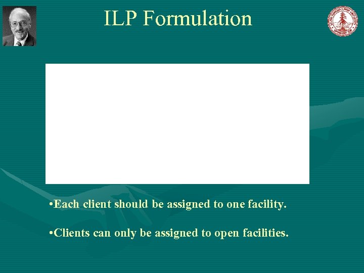 ILP Formulation • Each client should be assigned to one facility. • Clients can