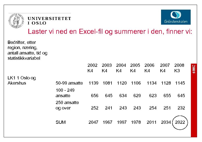 Laster vi ned en Excel-fil og summerer i den, finner vi: Bedrifter, etter region,
