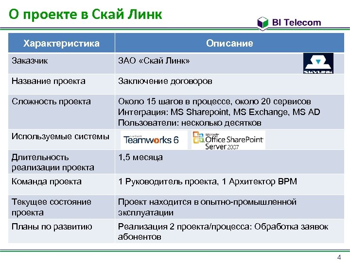 О проекте в Скай Линк Характеристика Описание Заказчик ЗАО «Скай Линк» Название проекта Заключение