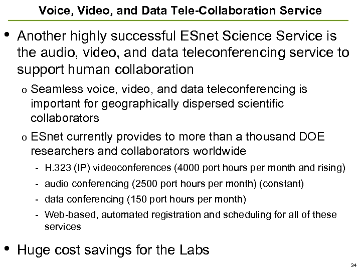 Voice, Video, and Data Tele-Collaboration Service • Another highly successful ESnet Science Service is