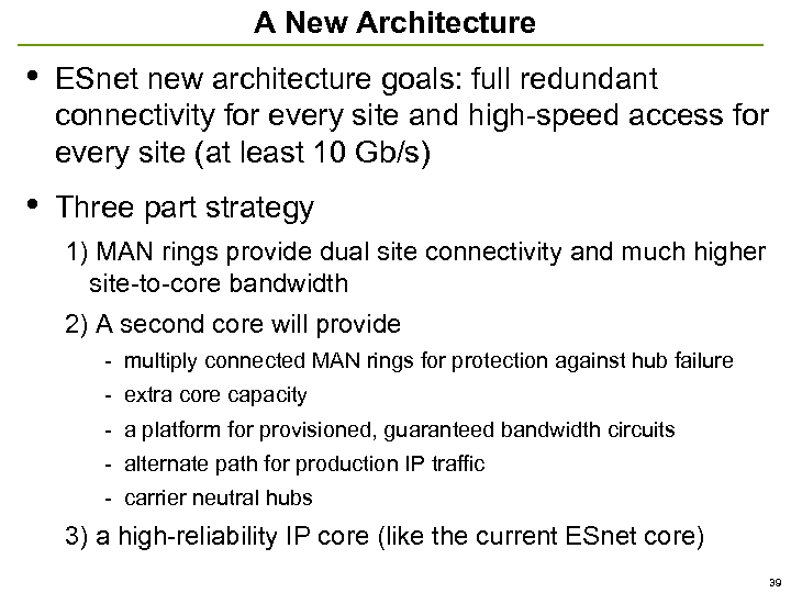 A New Architecture • ESnet new architecture goals: full redundant connectivity for every site