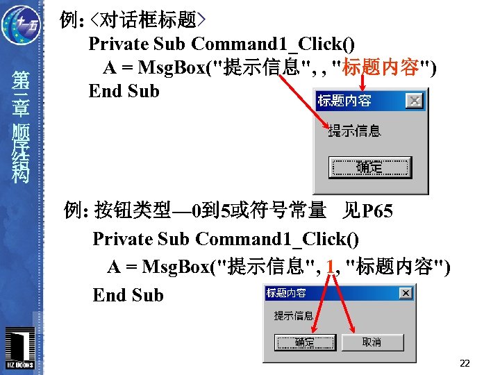 第 三 章 顺 序 结 构 例: <对话框标题> Private Sub Command 1_Click() A