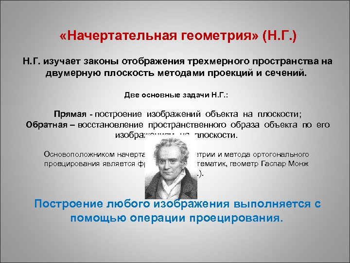  «Начертательная геометрия» (Н. Г. ) Н. Г. изучает законы отображения трехмерного пространства на