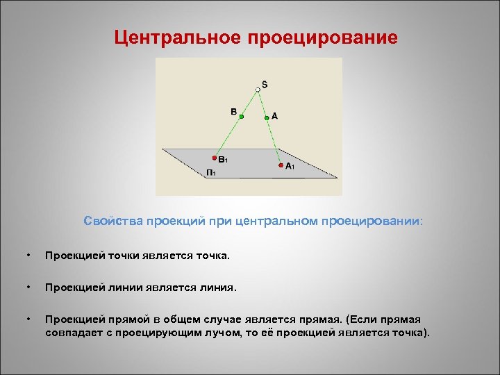 Центральное проецирование Свойства проекций при центральном проецировании: • Проекцией точки является точка. • Проекцией