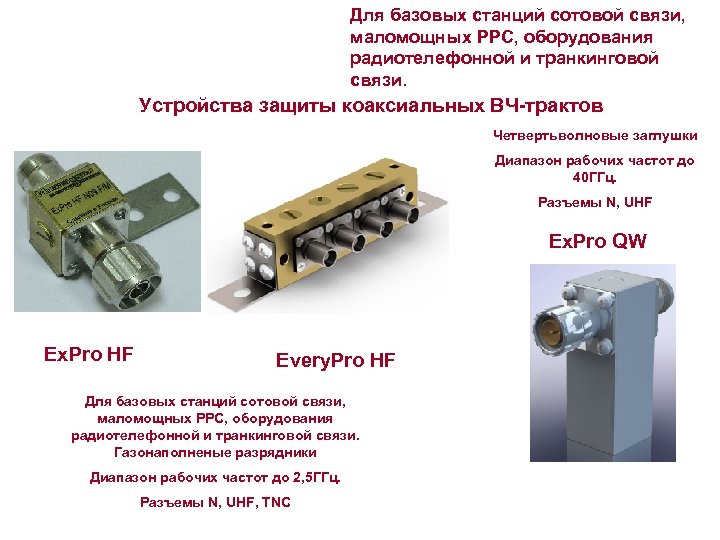 Для базовых станций сотовой связи, маломощных РРС, оборудования радиотелефонной и транкинговой связи. Устройства защиты