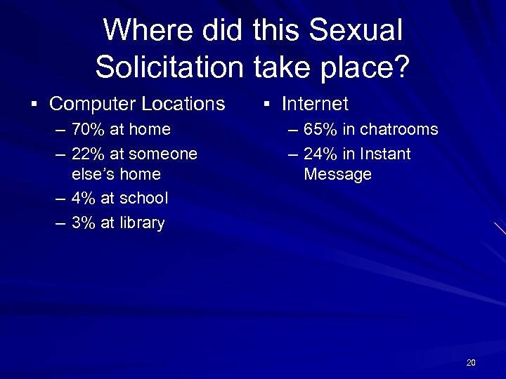 Where did this Sexual Solicitation take place? § Computer Locations – 70% at home